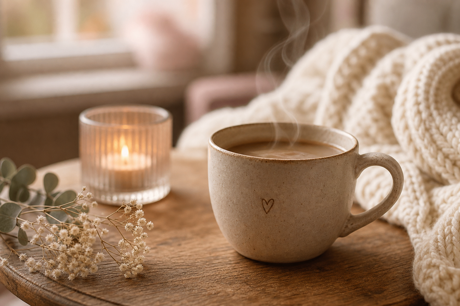 Warme Kaffeetasse mit kleinem Herz, Kerzenlicht und zarten Blumen