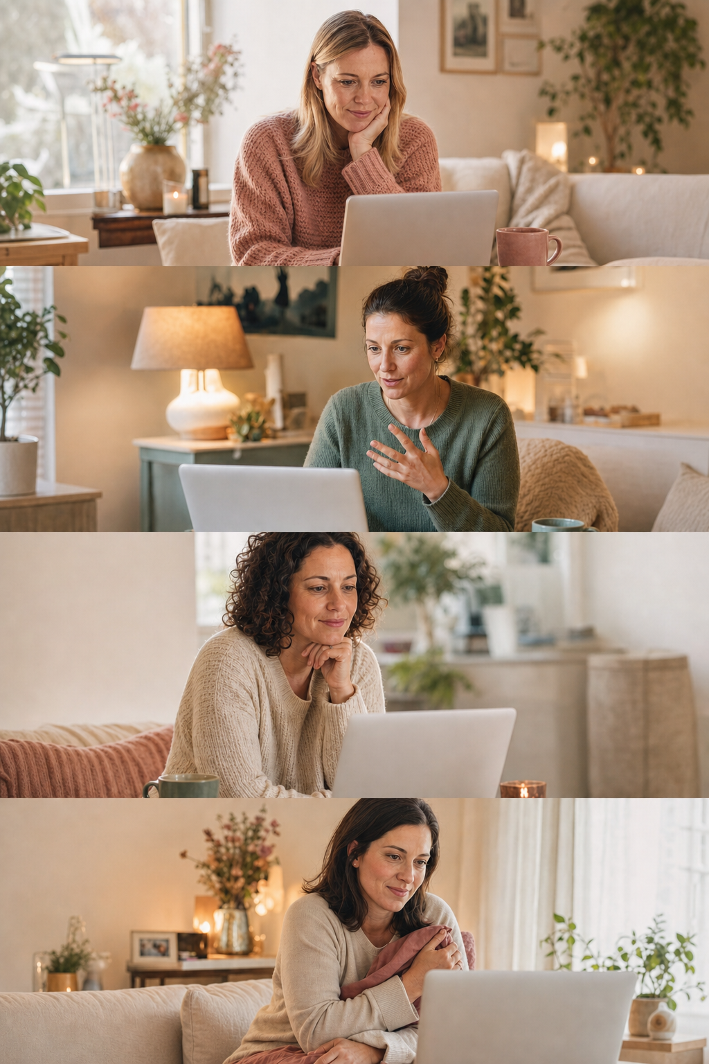 Vier Frauen nehmen aus unterschiedlichen gemütlichen Räumen gemeinsam am virtuellen Hoffnungscafé teil